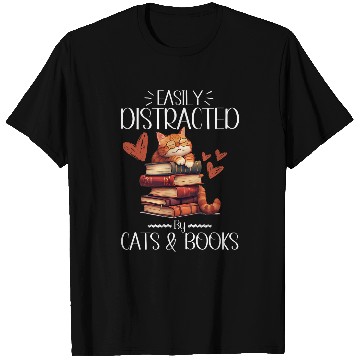Discover Book Cat Lover Tee Easily Distracted By Cats Books T-Shirts