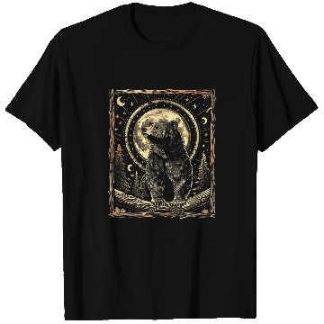 Discover Linocut Bear Drawing Cottagecore Moon Celestial Print T-Shirts