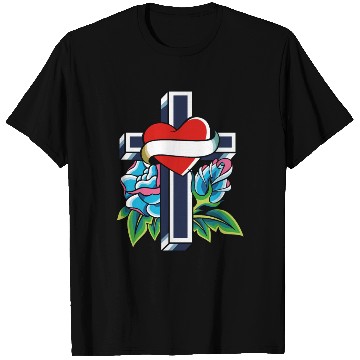 Discover Cross with heart and roses tattoo T Shirts