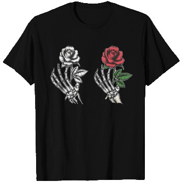 Discover Rose flower in human skeleton hand T-Shirts