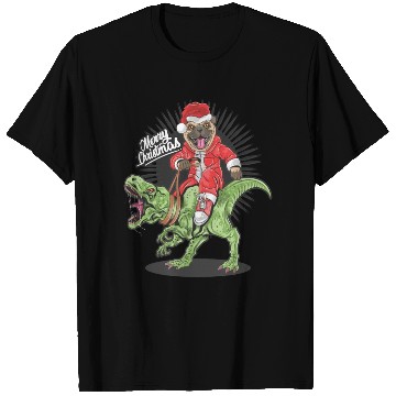 Discover christmas santa claus pug dog riding rex dinosaur T Shirts