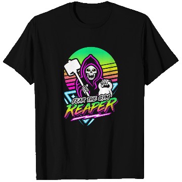 Discover Fear The Gym Reaper Fitness Retro Neon Synthwave T Shirts