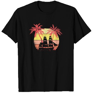 Discover Sail Ship Boat Summer Sunset 80s Palm T Shirts