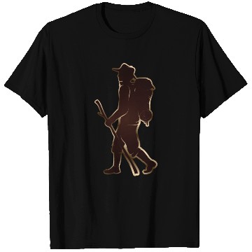 Discover Pilgrims or hikers with walking stick & backpack T Shirts