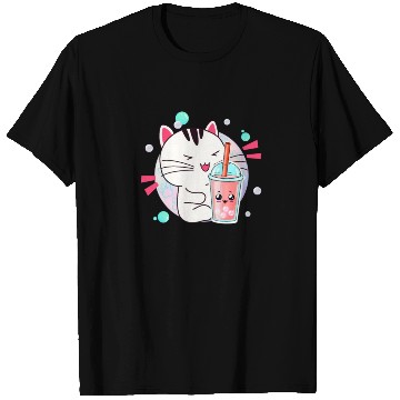 Discover Kawaii Anime Cat Bubble Tea Fan T Shirts