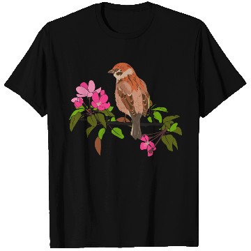 Discover Sparrow on a branch pink flowers of an apple tree T Shirts