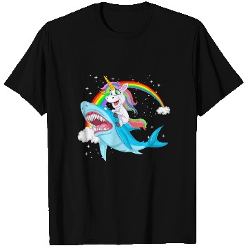 Discover Unicorn riding shark Design T Shirts