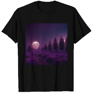 Discover Forest in night above purple clouds, moon T Shirts