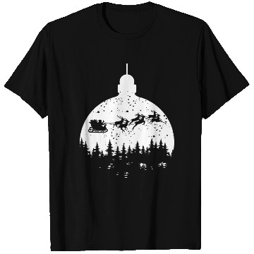 Discover Santa riding over christmas tree ball with deer T Shirts