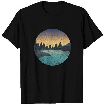 Discover Retro River With Forest And Birds In The Sunset T Shirts