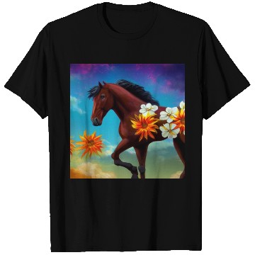Discover Brown horse with orange white flowers drawing T Shirts