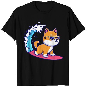 Discover Cute Shiba Inu Dog Surfing in Sea T Shirts