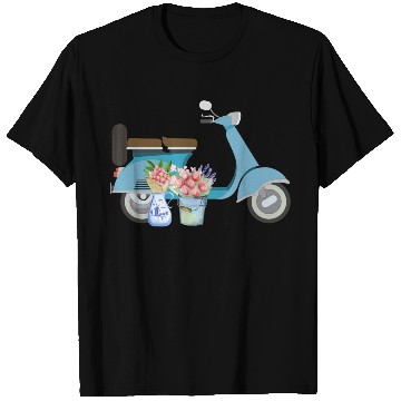 Discover Blue Retro Scooter With Tulips Art Design T Shirts