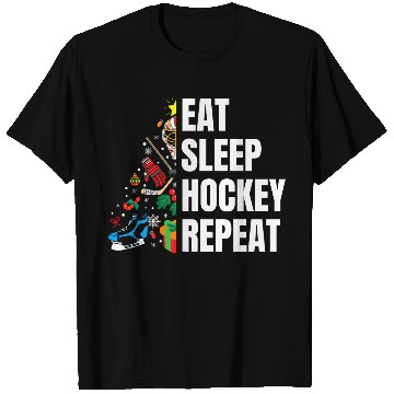 Discover Eat Sleep hockey Repeat Christmas tree T Shirts