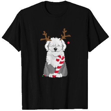 Discover Bobtail dog with candy cane and reindeer antlers T Shirts