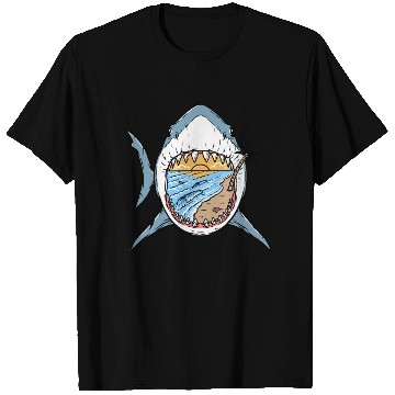 Discover Beach and surf in great white shark T Shirts