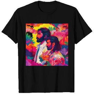 Discover Two men standing in colorful psychedelic nature T Shirts