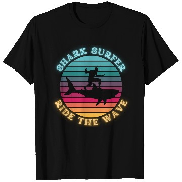 Discover Shark Surfer Ride the Wave Rainbow Sunset Neon T Shirts