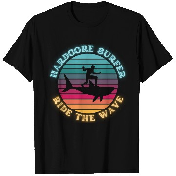 Discover Hardcore Shark Surfer Ride the Wave Sunset Neon T Shirts