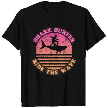 Discover Shark Surfer Ride the Wave Sunset Neon T Shirts