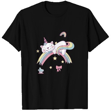Discover Unicorn Kawaii Cat Cartoon Over Rainbow T Shirts