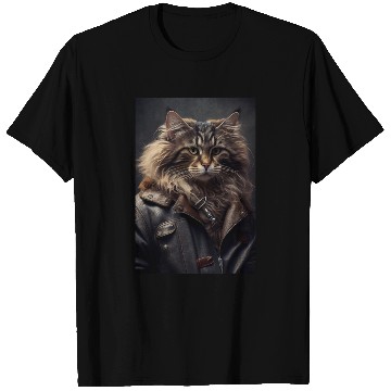 Discover Norwegian Forest Cat Breed wears a leather jacket T Shirts