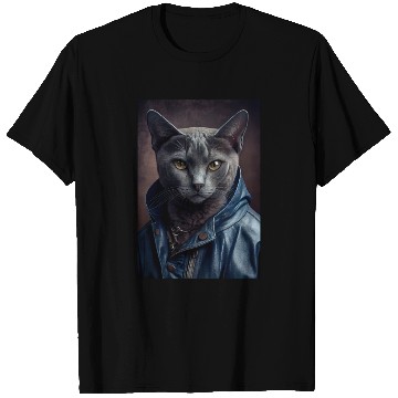 Discover Russian Blue Cat Breed Portrait wears a leather j T Shirts