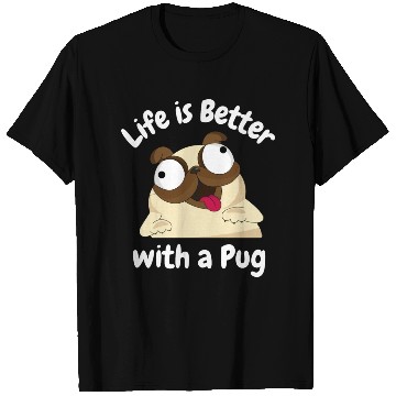 Discover Funny Life is Better with a Pug cartoon drawing T Shirts