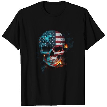 Discover Skull with flames, American flag (USA). T Shirts