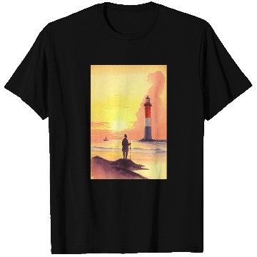 Discover Serene Sunrise Beach Scene with Lighthouse and Fis T Shirts