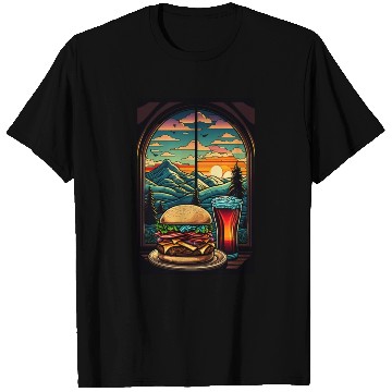 Discover Church window with hamburger burger and drink T Shirts