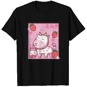 Discover Kawaii Pink Strawberry Cow Milk Shake Otaku Anime T Shirts
