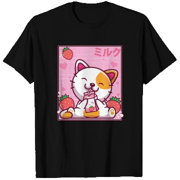 Discover Kawaii Kitten Cute Cat Strawberry Milk Shake T Shirts