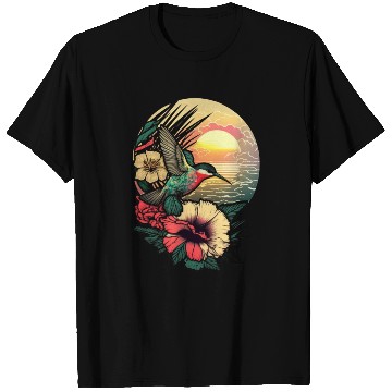 Discover Hummingbird flies over hibiscus flower Tropical T Shirts