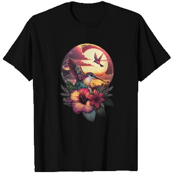 Discover Hummingbird flies over hibiscus flower Tropical T Shirts