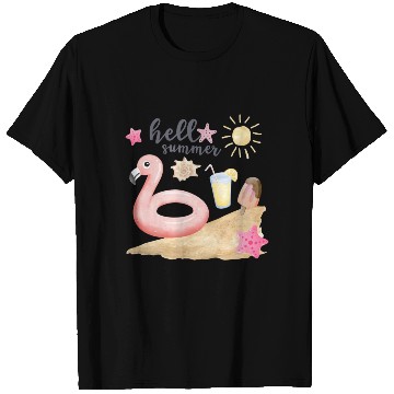 Discover Hello summer sunset Beach summertime pink flamingo T Shirts