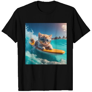 Discover A cute cat surfing in the blue water T Shirts