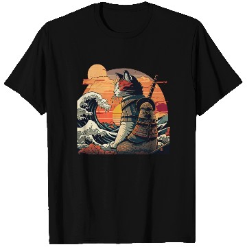 Discover Retro samurai cat The Great Wave Hokusai T Shirts