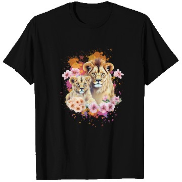 Discover Lion Mom & Son Cubs with Flower Watercolor T Shirts