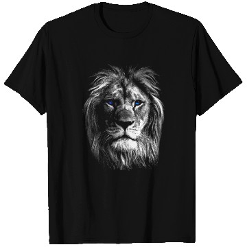 Discover Black White Art Lion Head With Blue Eyes T Shirts