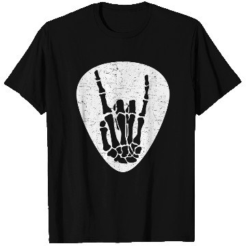 Discover Cool Rock And Roll Skeleton Hand On A Guitar Pick T Shirts