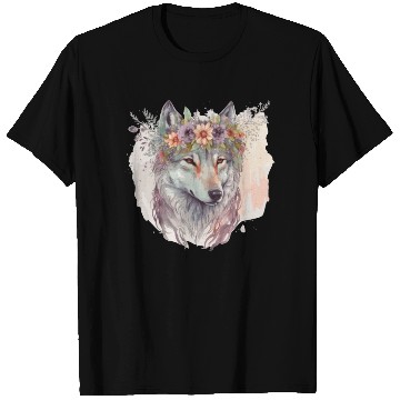 Discover Artistic Watercolor Wolf Flower Crown Floral Anima T Shirts