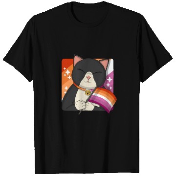 Discover Cute Tuxedo Cat Holding Lesbian Pride Flag T Shirts