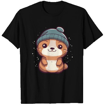 Discover Cute Baby Otter with Winter Hat and Snowflakes T Shirts