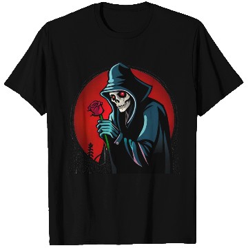 Discover Symbolic Contrast A Grim Reaper Embracing a Rose T Shirts