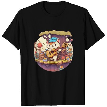 Discover Cute Kawaii Cat Playing Guitar Banjo On Log T Shirts