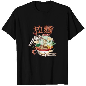 Discover skeleton hands eating ramen noodle soup bowl art T Shirts