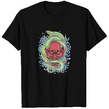 Discover Japanese oni mask with peony flower and greem snak T Shirts