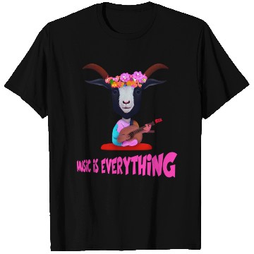 Discover Hippie Goat with flowers on head, playing guitar T Shirts