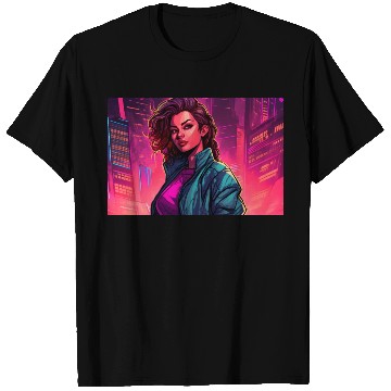 Discover Girl in front of a Neon Pink Cityscape T Shirts